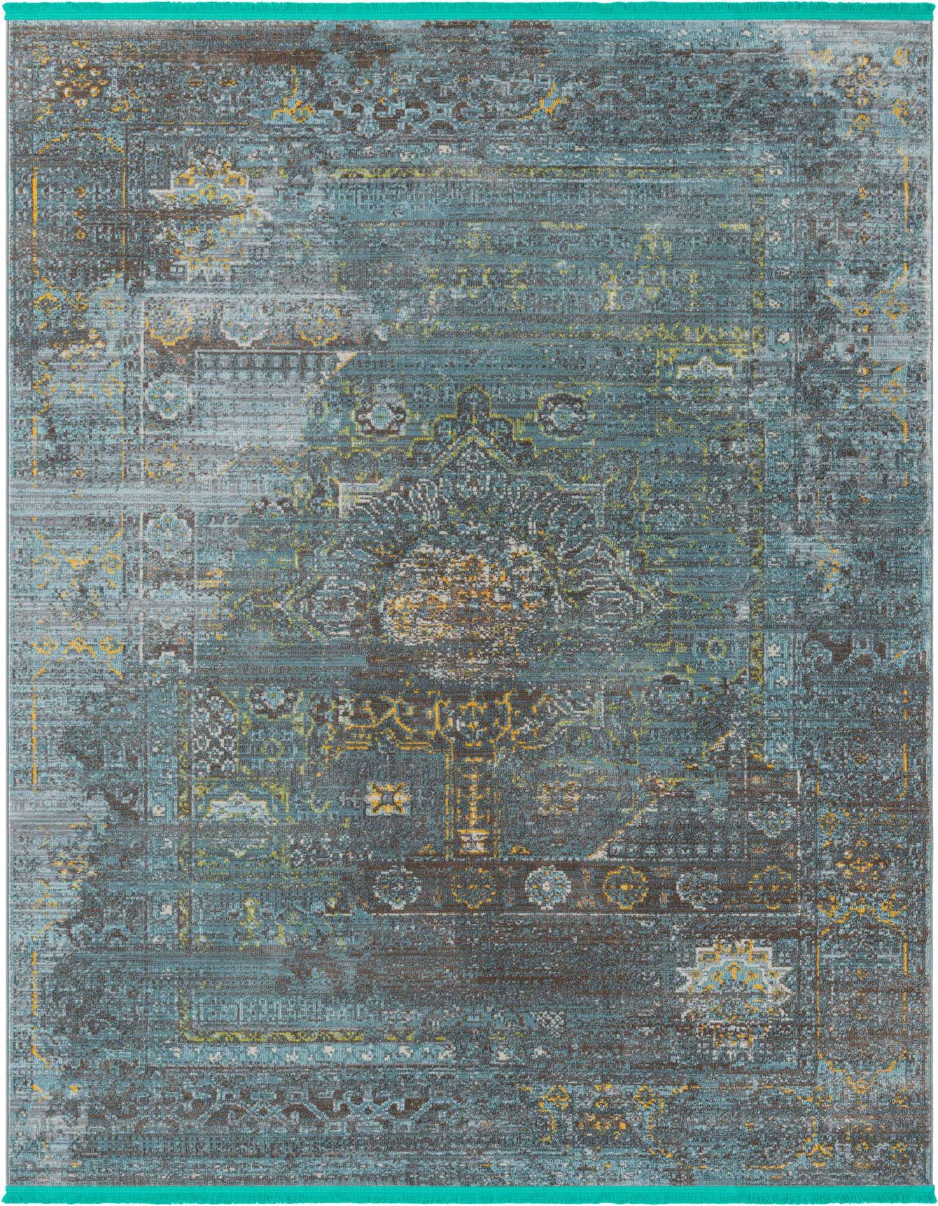 A 7x10 rectangular Santiago rug featuring a distressed traditional medallion pattern in varying shades of blue, accented with hints of gold and gray.
