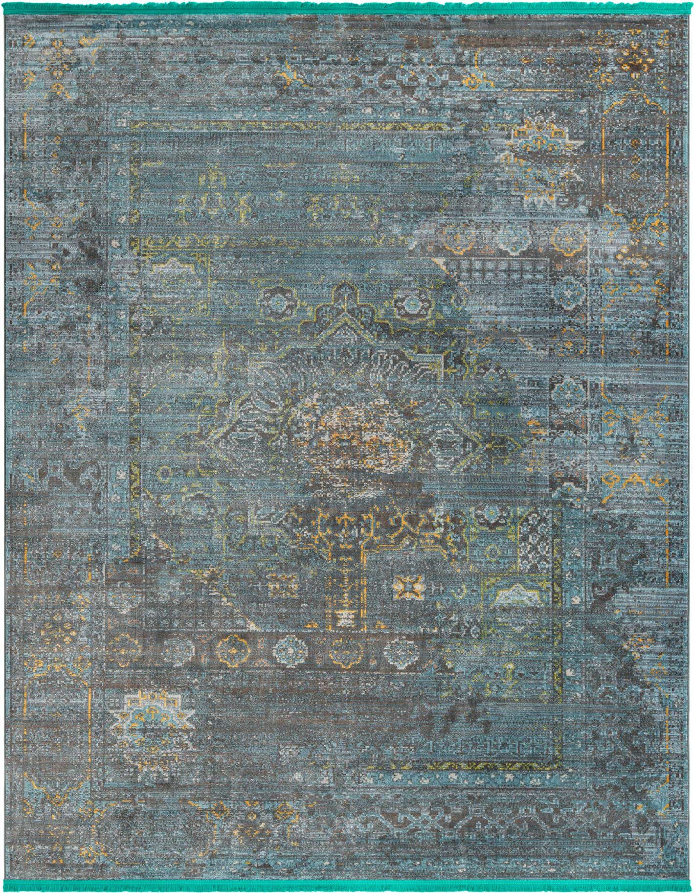A rectangular 8x11 Santiago rug in varying shades of blue, gray, and gold, featuring a distressed traditional medallion and border pattern.