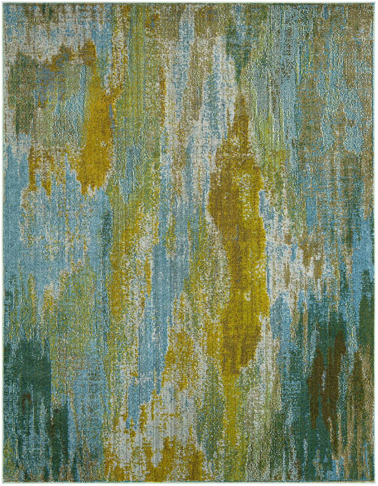 A 6x9 rectangular modern abstract rug featuring vertical brushstrokes in various shades of blue, green, and gold.