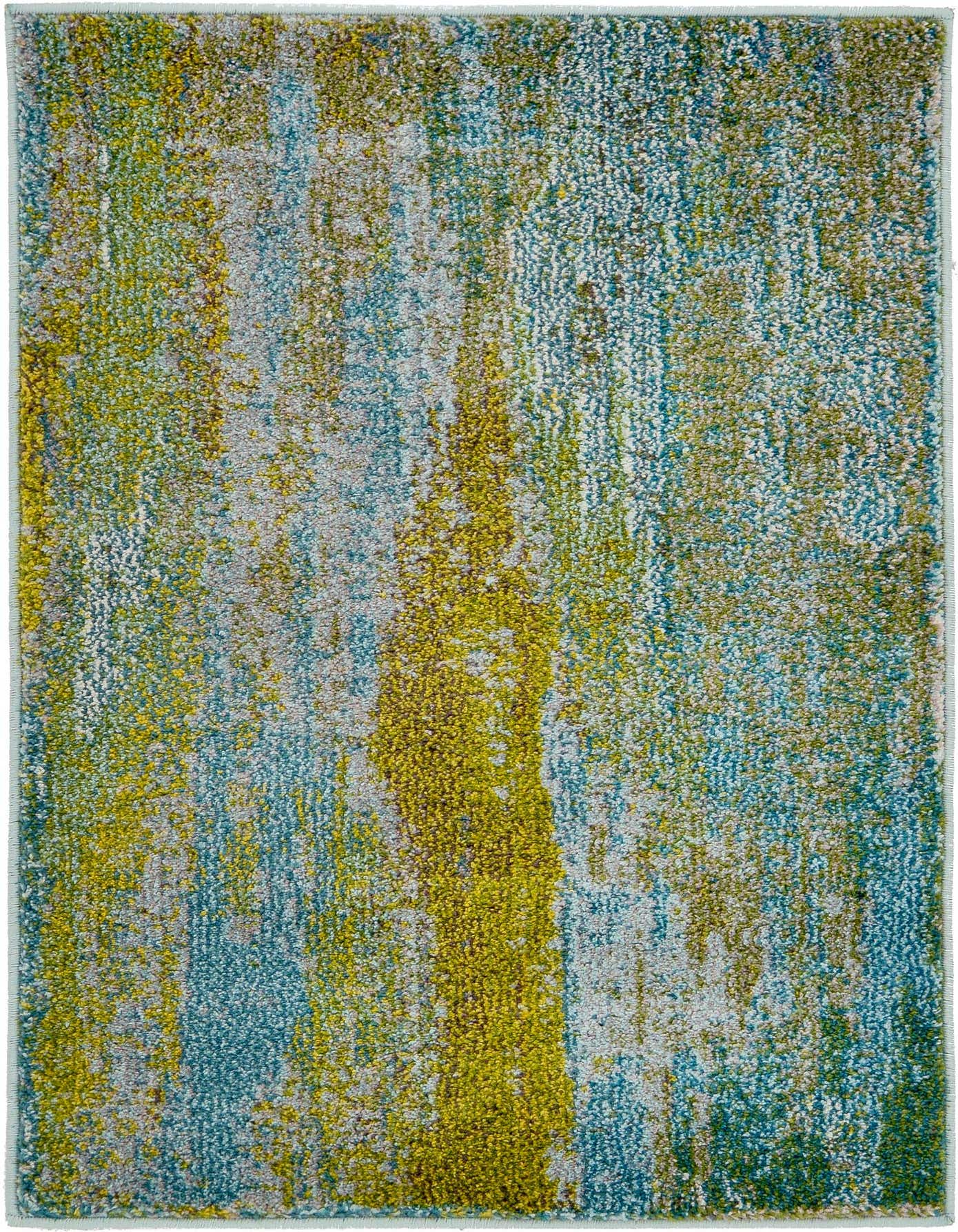 A 2x3 rectangular modern abstract rug featuring a blend of blues, greens, and grays, ideal for a kitchen or entryway.