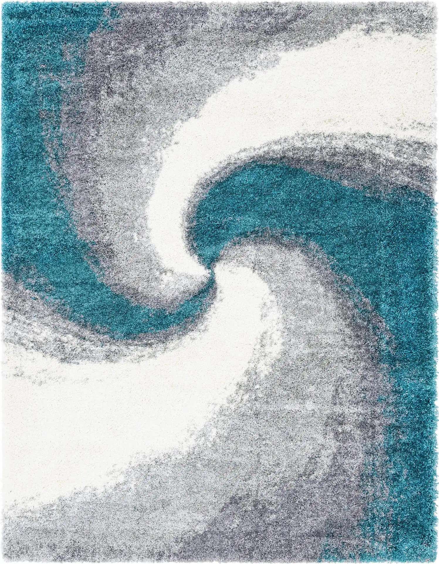A rectangular 8x11 blue, gray, and white shag rug featuring a swirling abstract pattern, ideal for a modern living room.