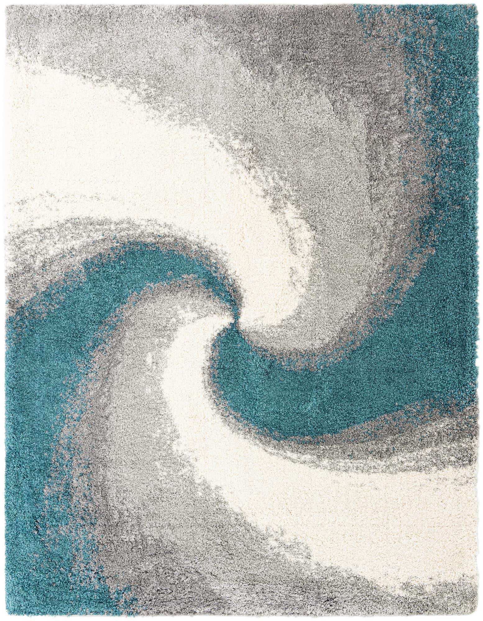 A rectangular 8x10 Soft Touch Shag rug featuring a swirling abstract pattern in shades of blue, grey, and white.