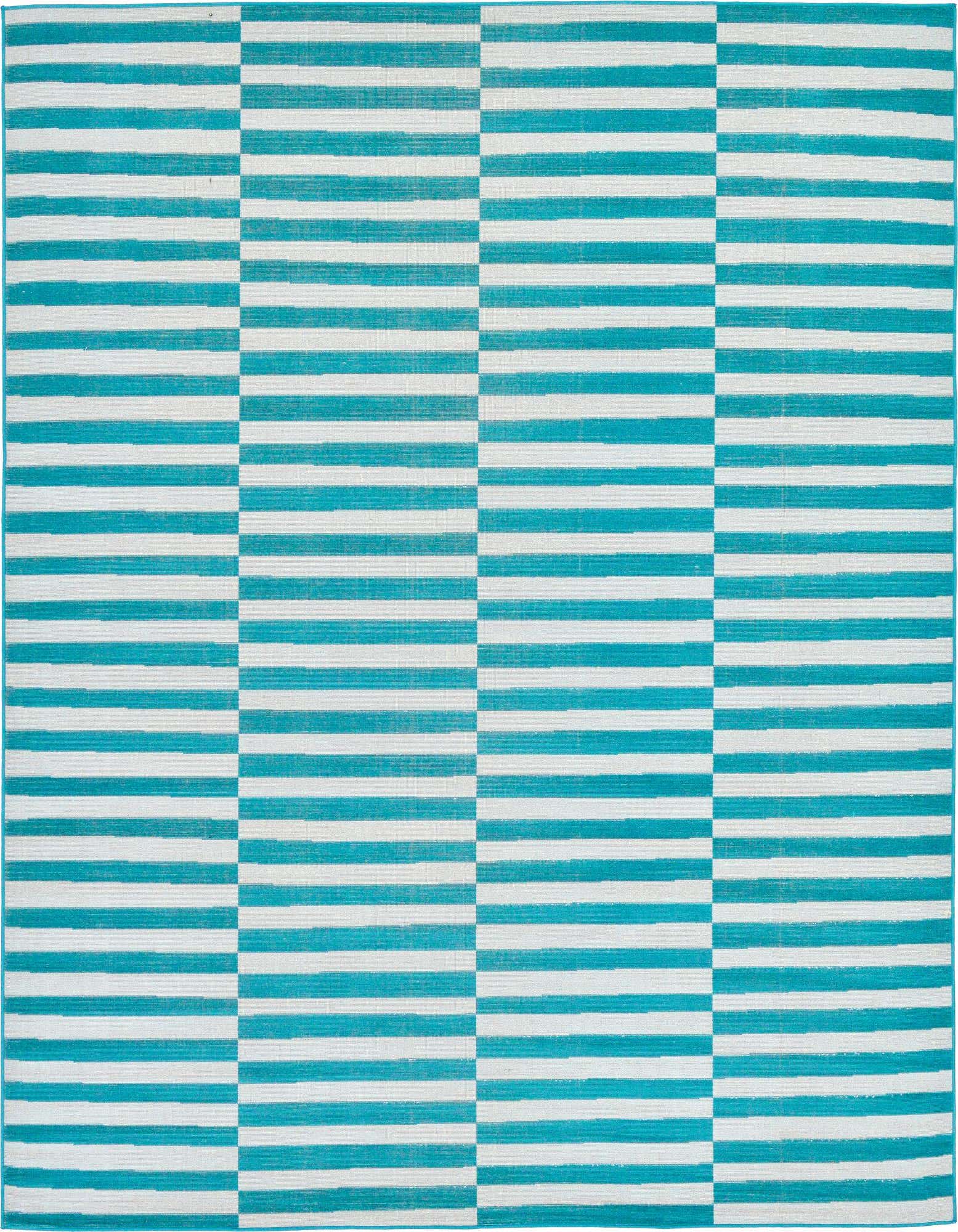 An 8x10 rectangular SoHo rug featuring a modern striped pattern in alternating horizontal teal blue and white bands.