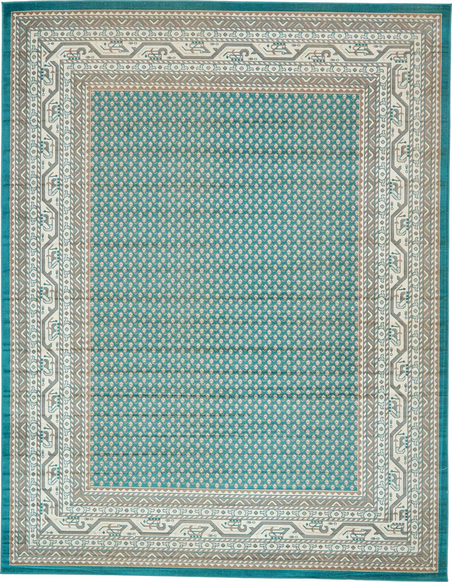 A 10x14 rectangular Southwestern rug with a teal blue field and intricate border in cream, grey, and brown.