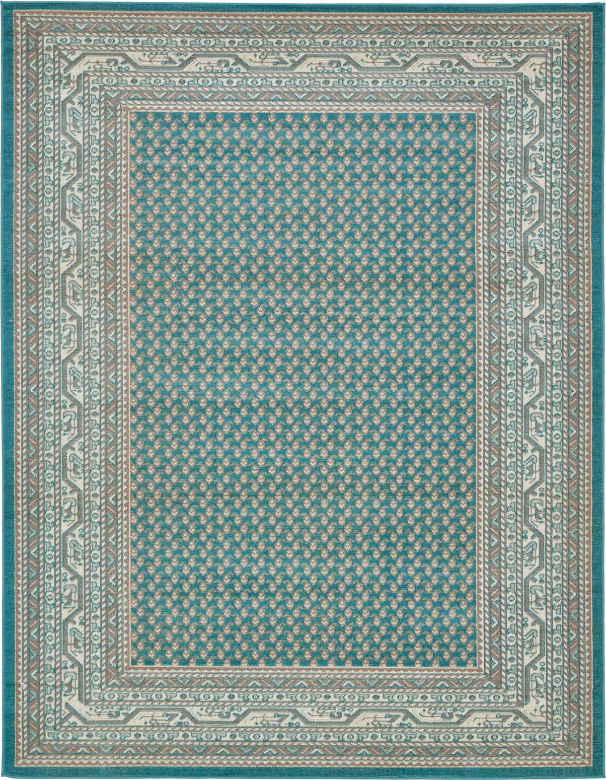 A 3x5 rectangular SoHo rug featuring a teal blue field with a subtle repeating pattern, framed by Southwestern and traditional borders in cream, brown, and lighter blue.