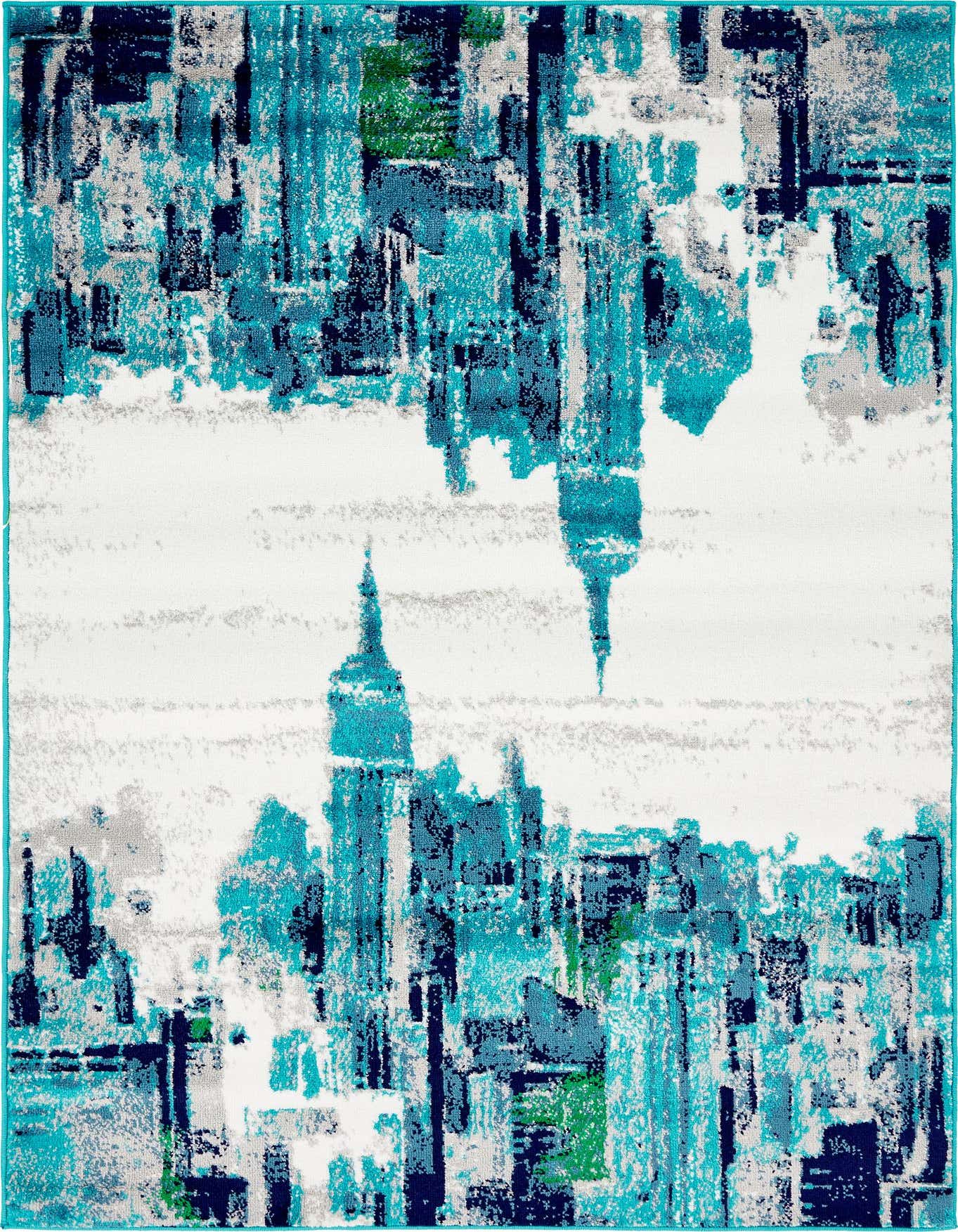 A 4x6 rectangular Rugs.com Sydney rug featuring an abstract cityscape design in various shades of blue, teal, white, grey, and hints of green.