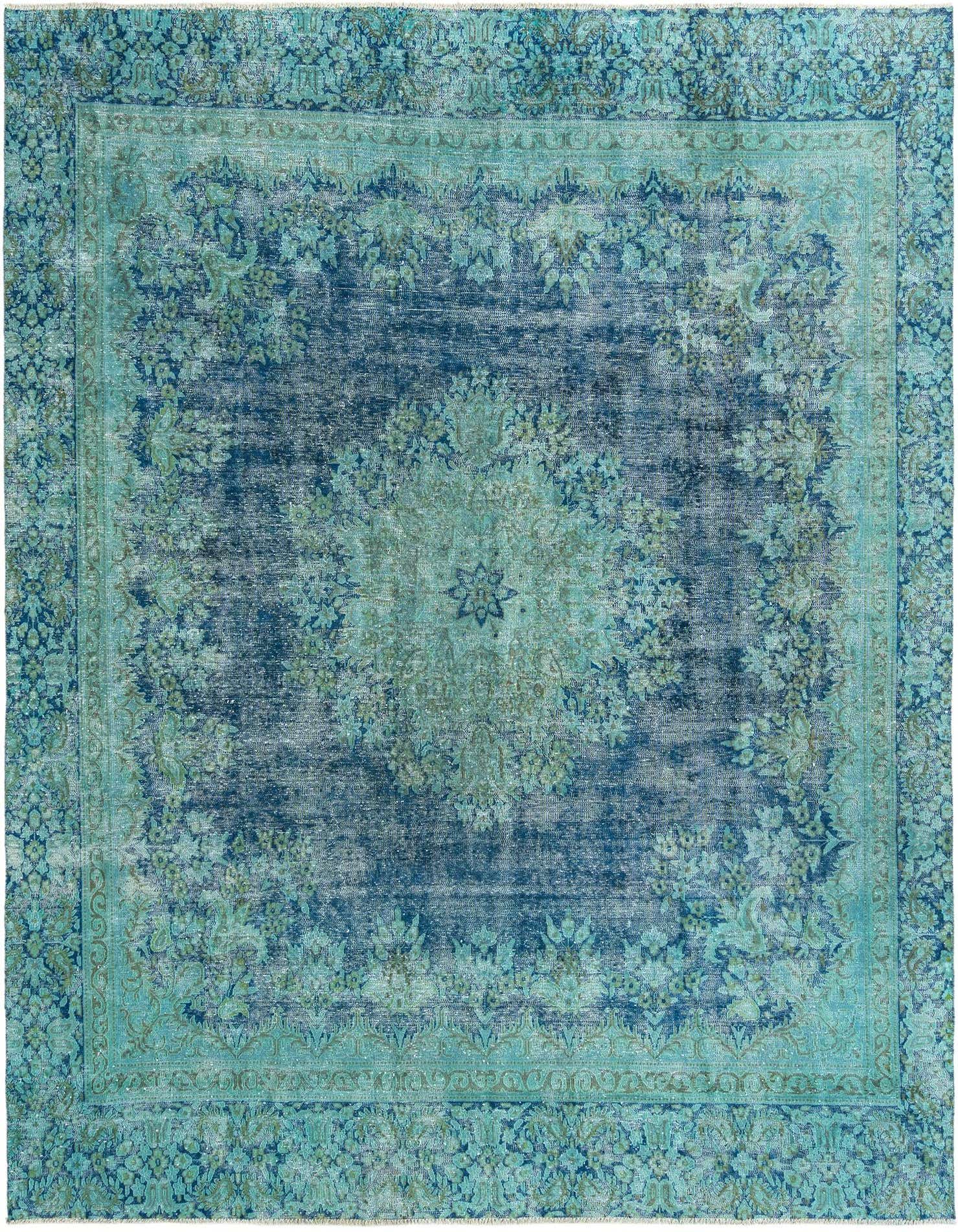 A 9x12 rectangular Rugs.com Vintage Royal Persian wool rug in varying shades of blue, featuring a distressed traditional medallion and border pattern.