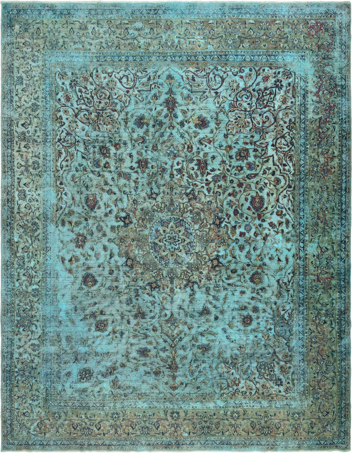 A 10x13 rectangular blue Persian area rug with an intricate floral medallion pattern and distressed finish.