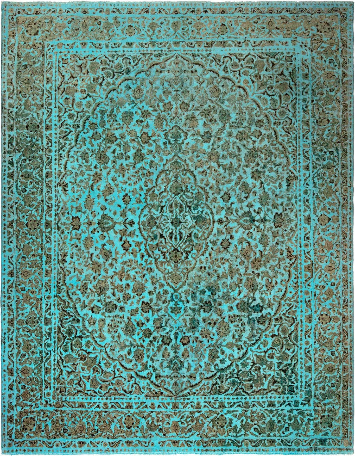 A 10x13 rectangular blue Persian area rug with an intricate brown floral medallion and border design.