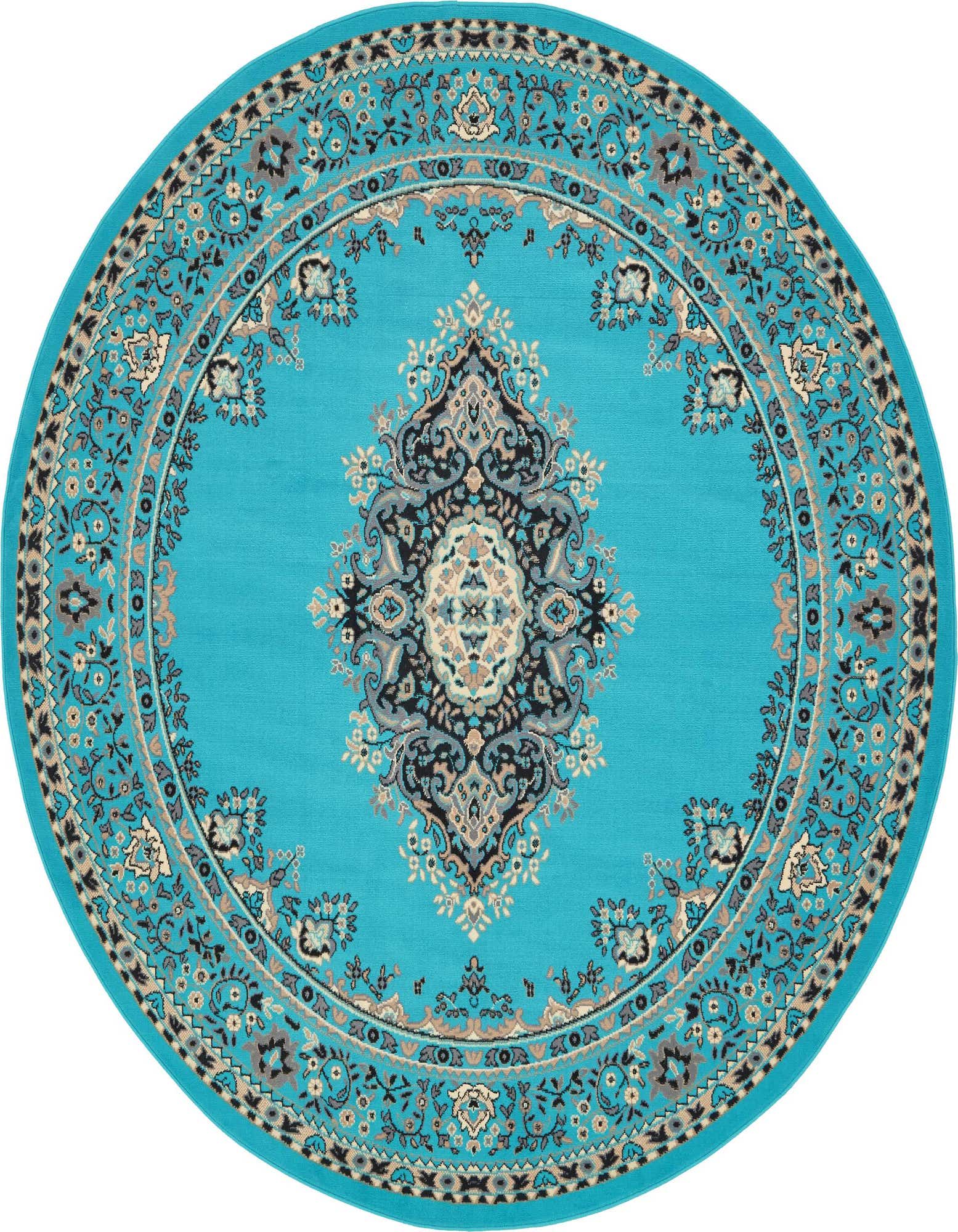 A round 7' 10 x 7' 10 blue rug with a traditional oriental medallion pattern in black, grey, and beige.