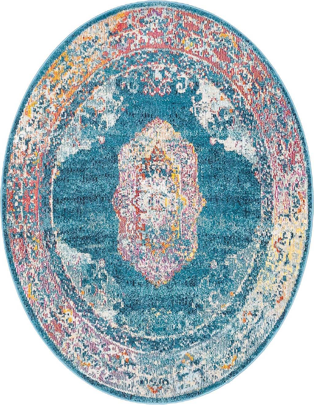 A 4' round blue rug with a distressed bohemian medallion pattern in vibrant orange, pink, yellow, and white.