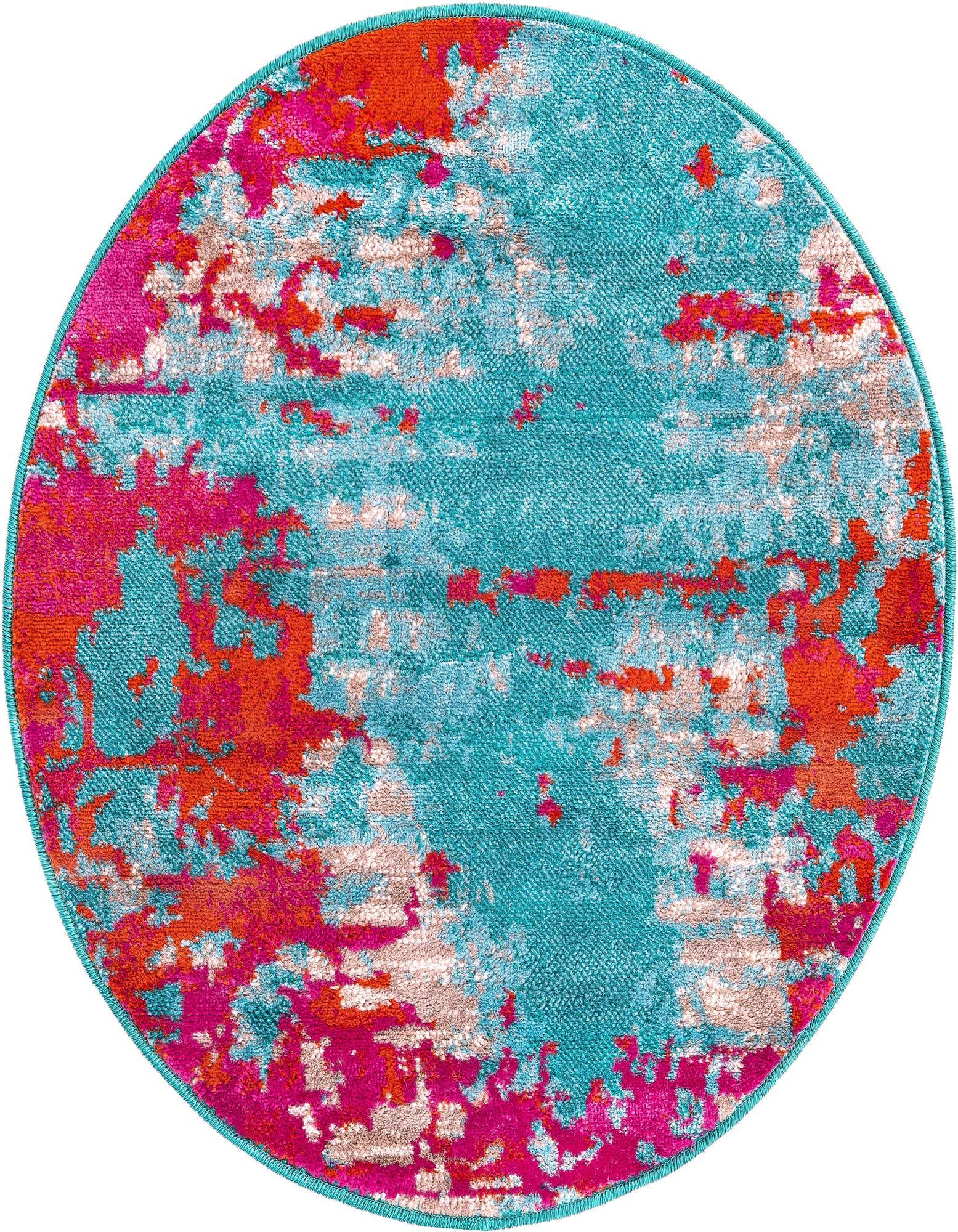 A 3' round Azalea rug featuring a vibrant abstract pattern in shades of blue, hot pink, and orange.