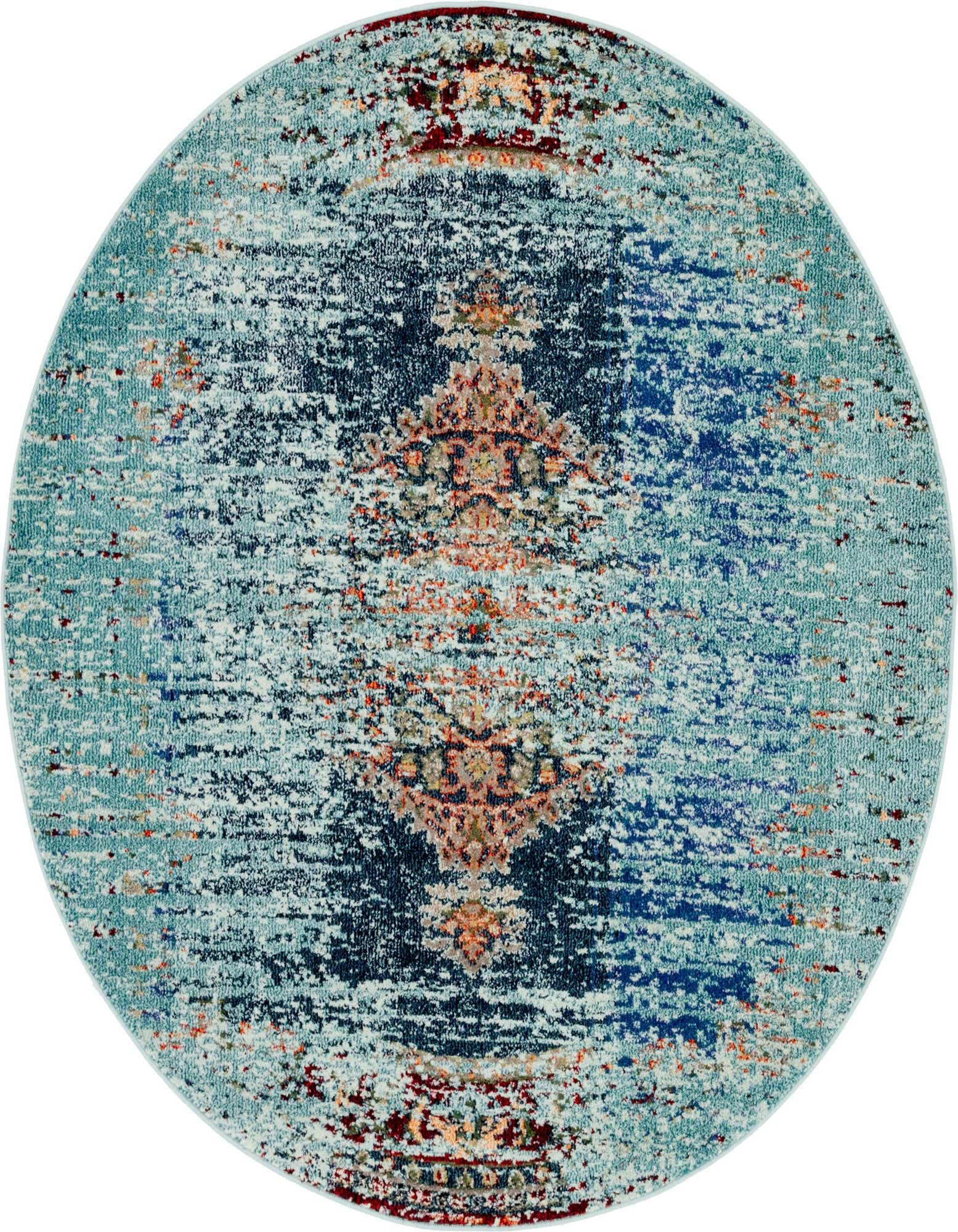 A 6-foot round blue Bohemian rug with a distressed medallion pattern in shades of blue, orange, and red.