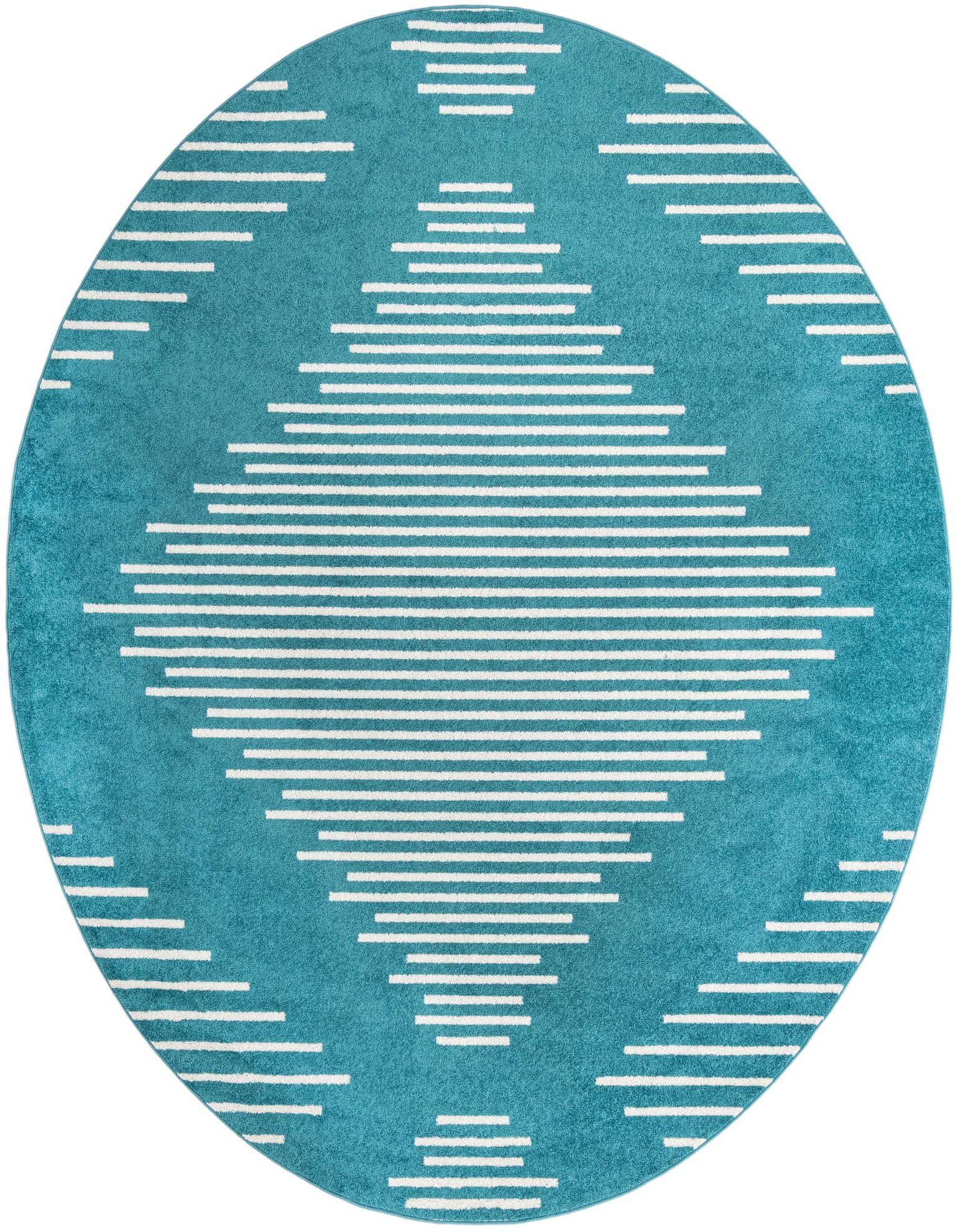 A 10-foot round Kai rug in vibrant blue with a modern white striped diamond pattern, suitable for a living room.