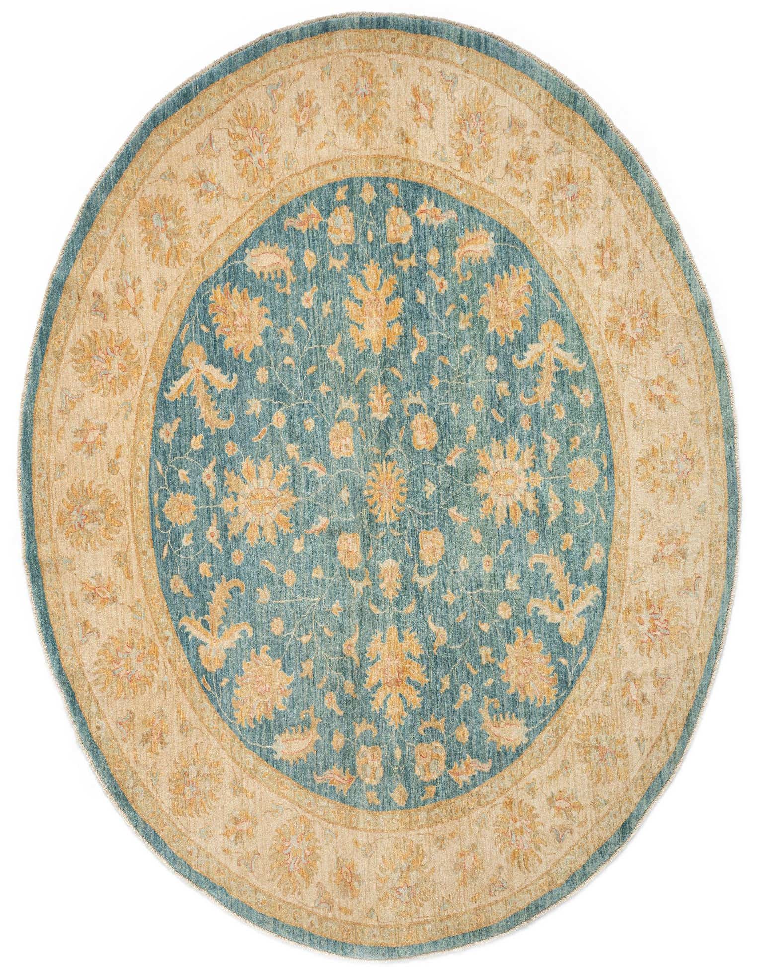 A round 8' 2 x 8' 3 Kaizar Persian rug with a blue center and a beige border, featuring intricate floral patterns.