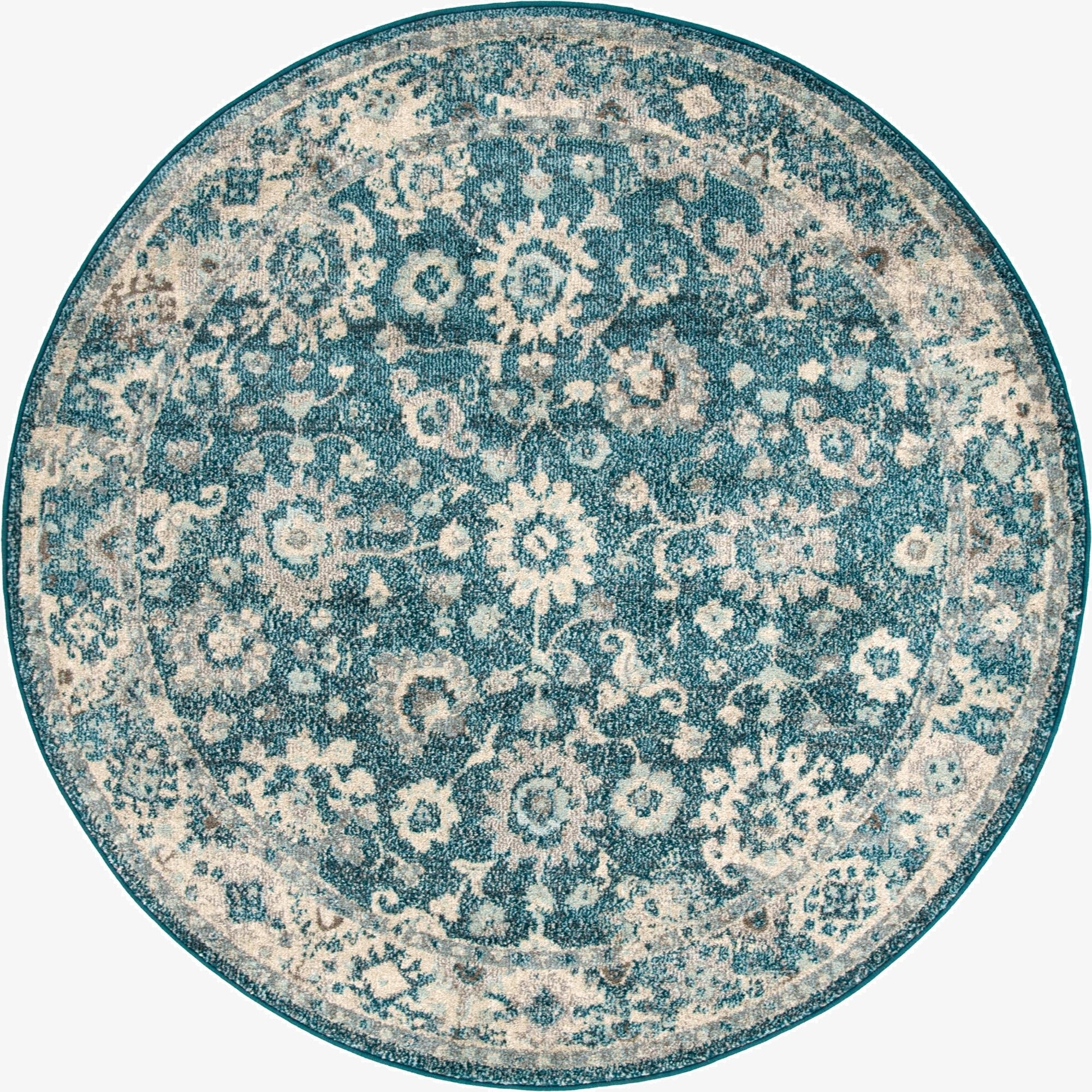 A 6' 0 x 6' 0 round blue area rug with a vintage traditional botanical pattern and a medium pile.
