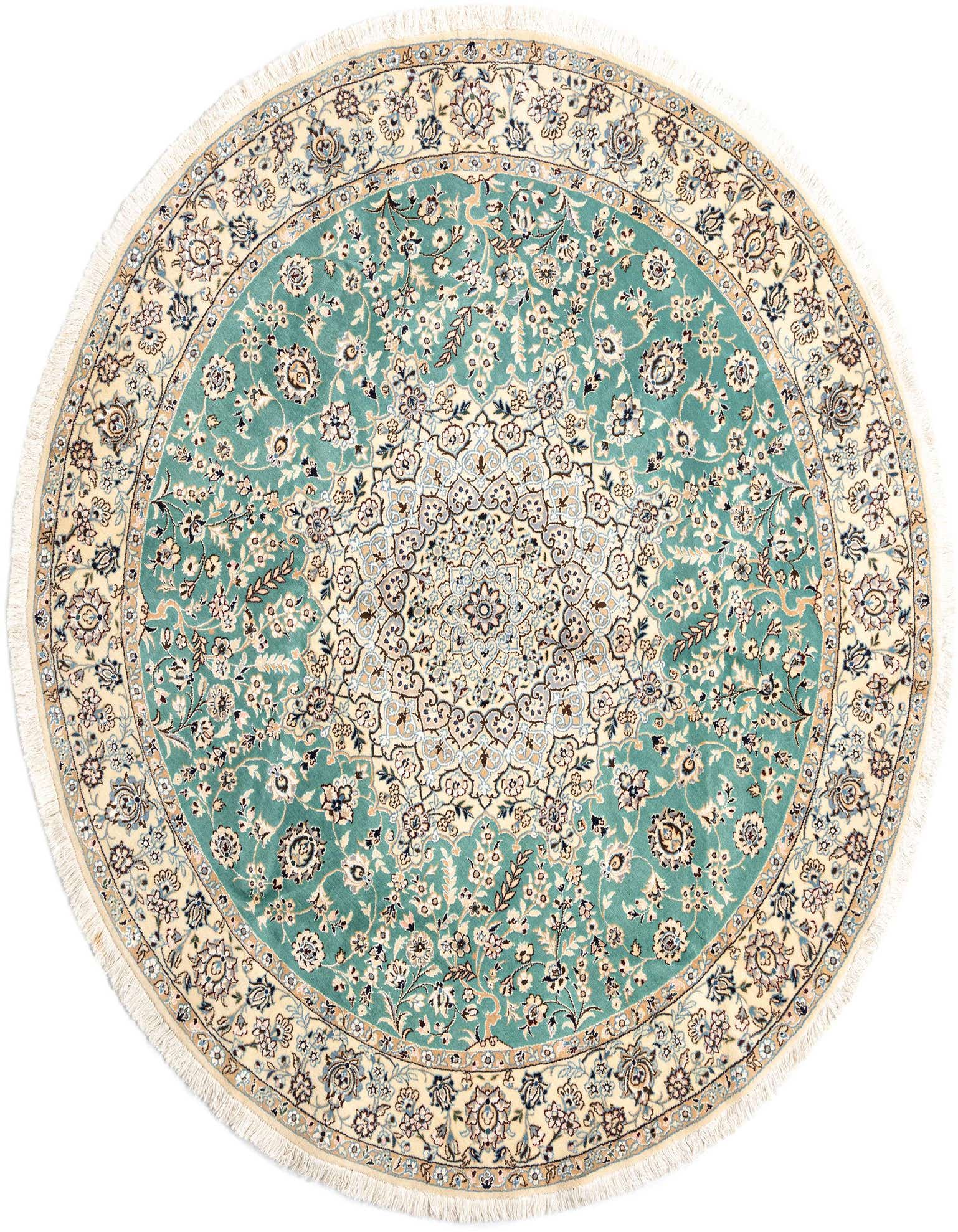 A round 6' 9 x 6' 11 Persian rug in shades of blue and cream, featuring intricate floral and medallion patterns with fringe.