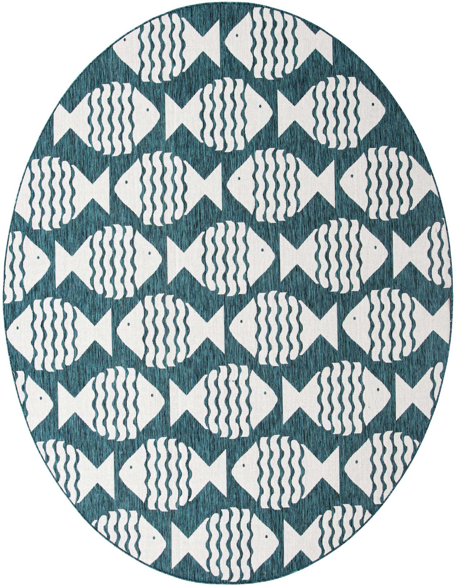 A round 10' blue and white coastal rug with a repeating pattern of stylized white fish on a blue background.