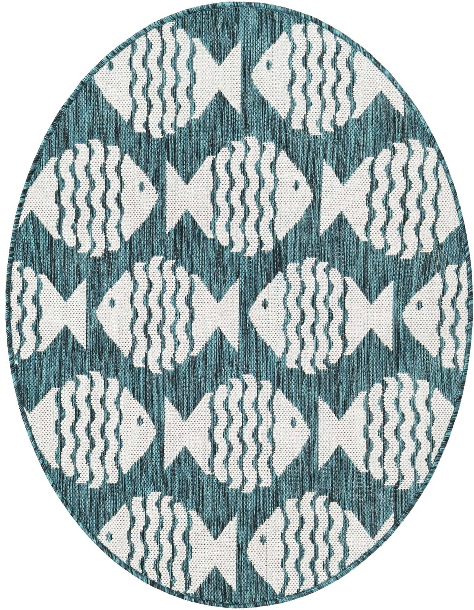 A round, flatweave indoor/outdoor rug featuring a repeating pattern of white fish on a textured blue background.
