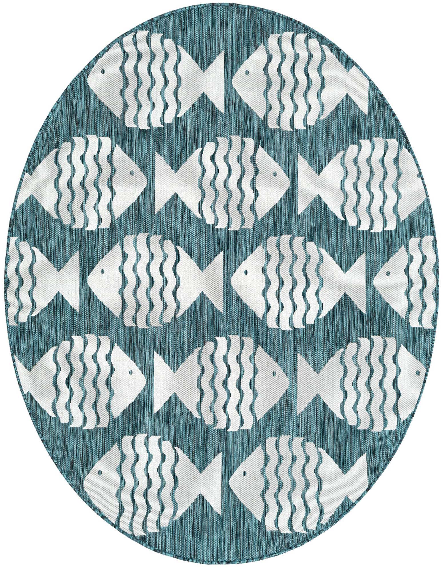 A round blue and white outdoor rug featuring a playful pattern of white fish with wavy fins on a textured blue background.