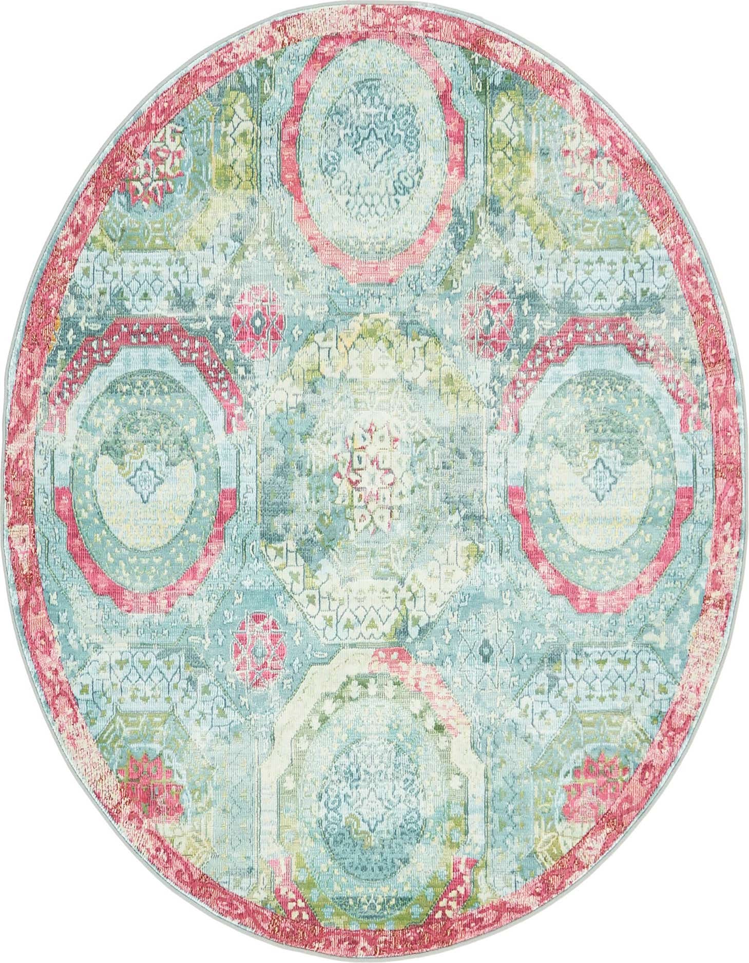 A 5' 5 x 5' 5 round blue bohemian rug featuring a distressed medallion pattern with pink and green accents.