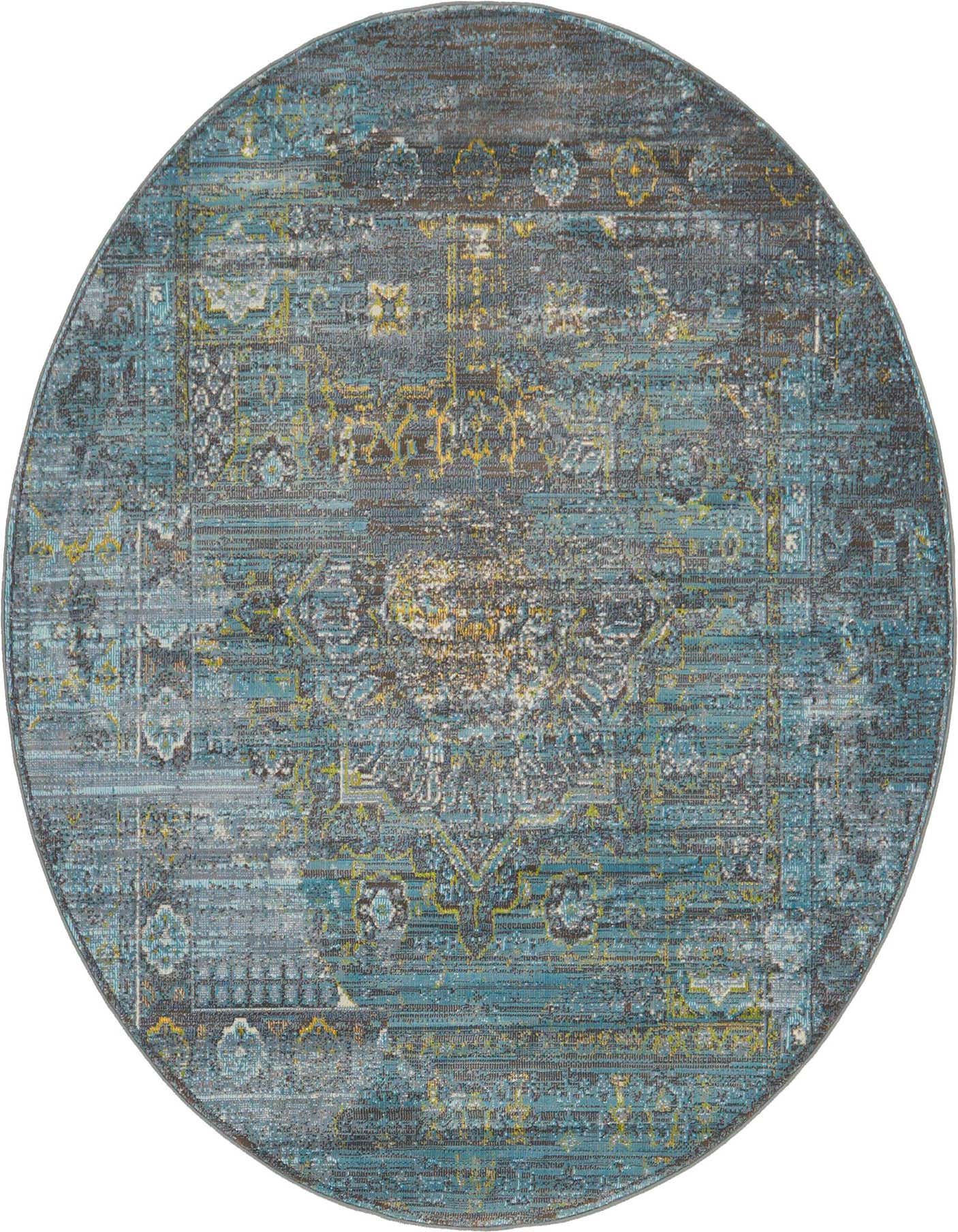 A 5' 5 x 5' 5 round blue area rug featuring a distressed traditional medallion pattern with hints of yellow and gray.