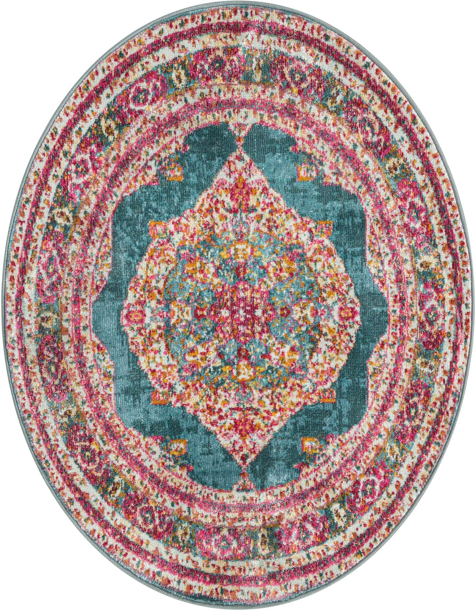 A 3' 3 round Santiago rug featuring a vibrant medallion pattern in blues, pinks, and yellows.