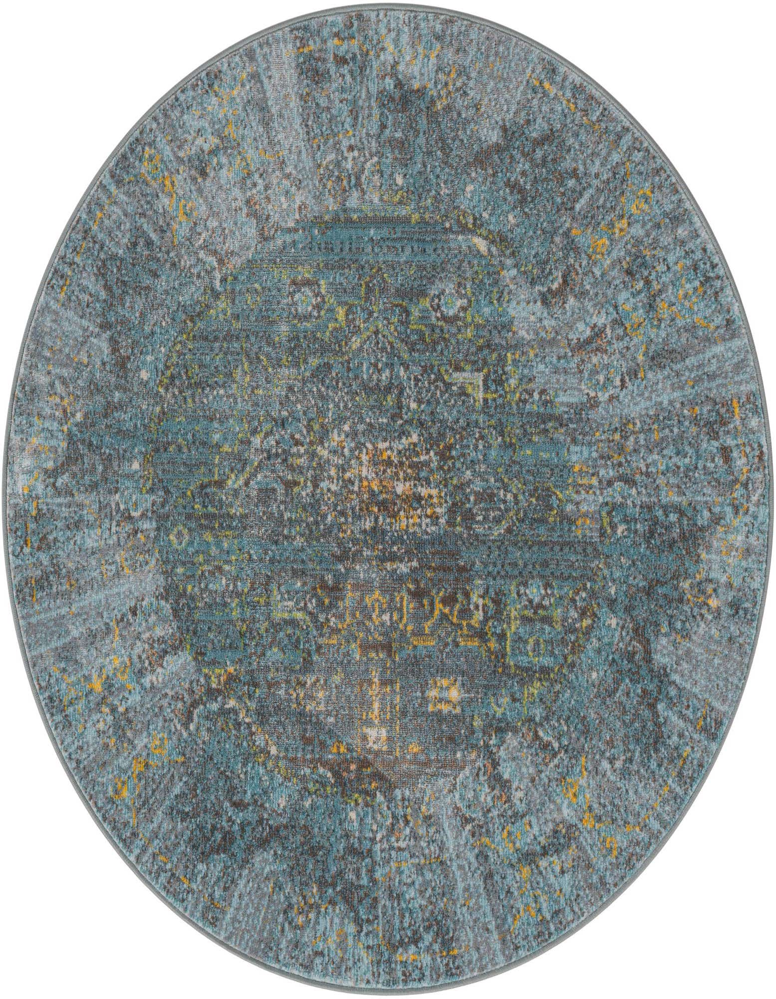 A 4' round Santiago rug in shades of blue with a distressed traditional medallion pattern, ideal for an indoor patio.