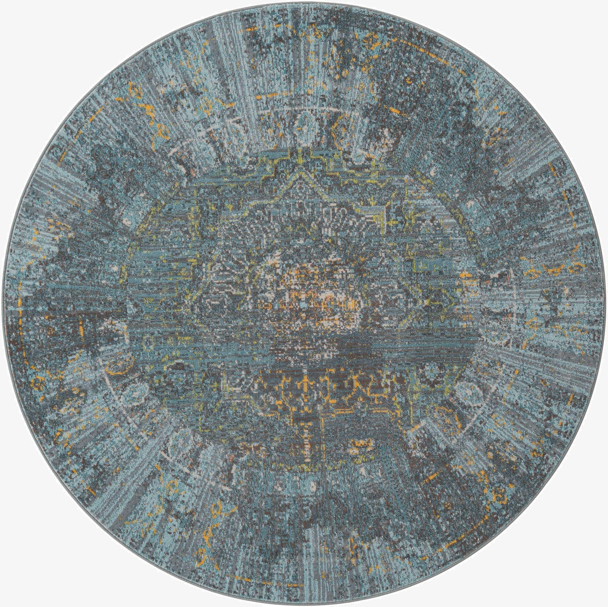 A 6' round blue area rug featuring a distressed medallion pattern with hints of yellow and grey, suitable for indoor spaces.