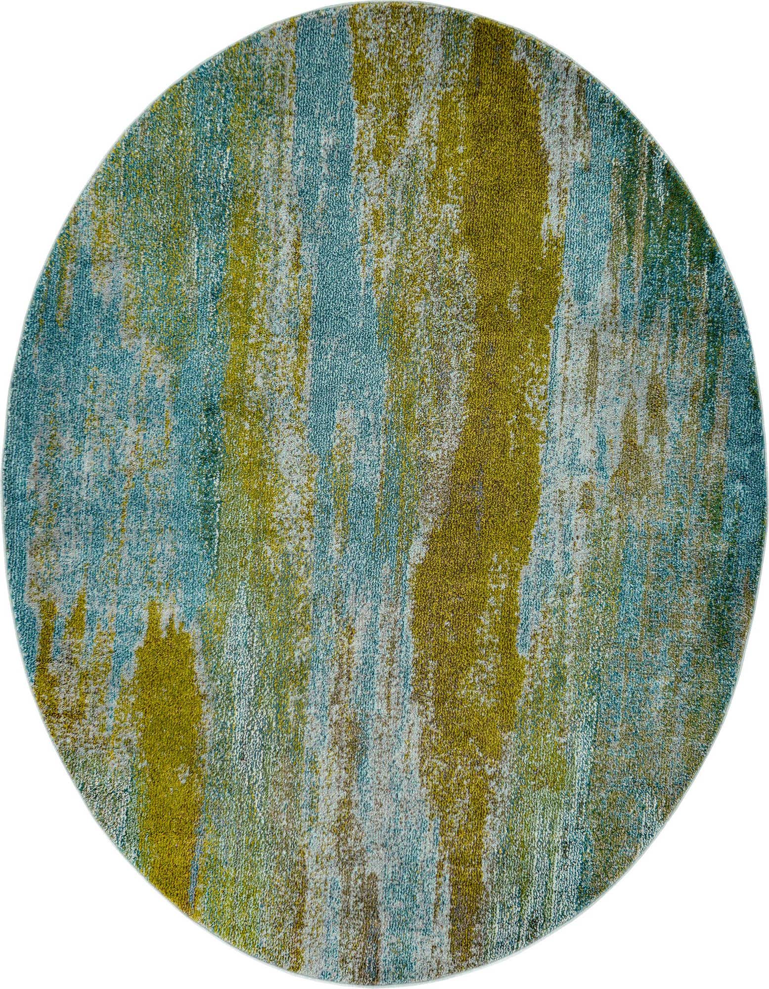 A 6' round modern abstract rug in shades of blue and gold, featuring a painterly, distressed pattern.