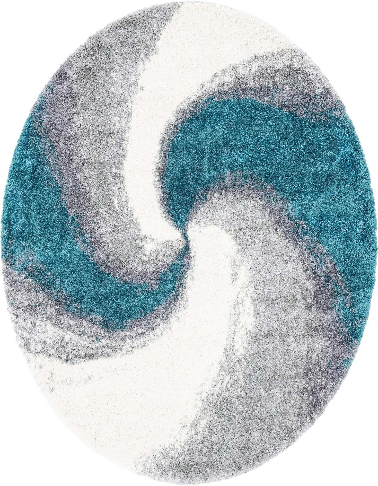 A round shag rug featuring a swirling abstract pattern in shades of blue, grey, and white, perfect for a modern living room.