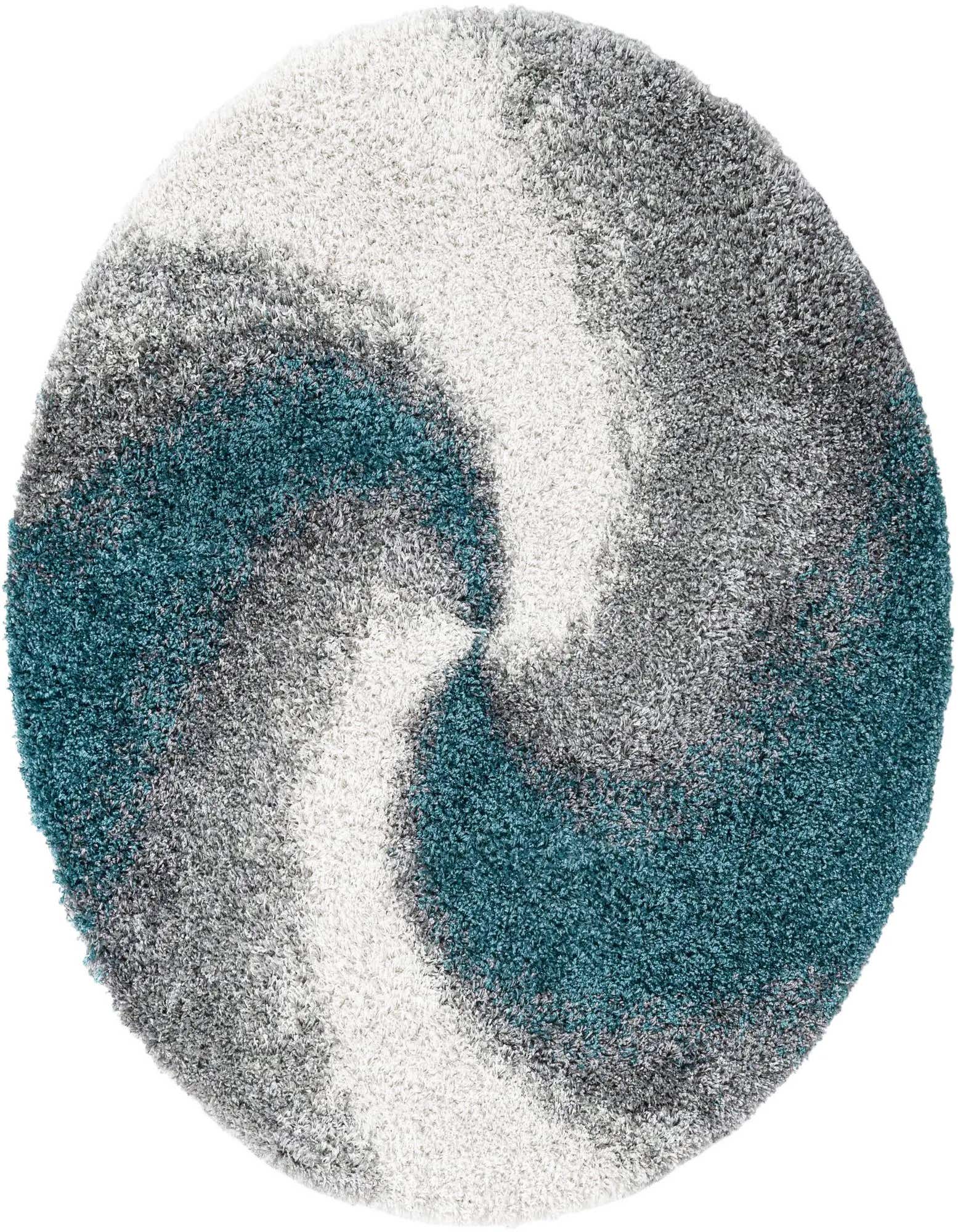 A round shag rug featuring an abstract swirl pattern in shades of blue, grey, and white, adding a modern touch to any room.
