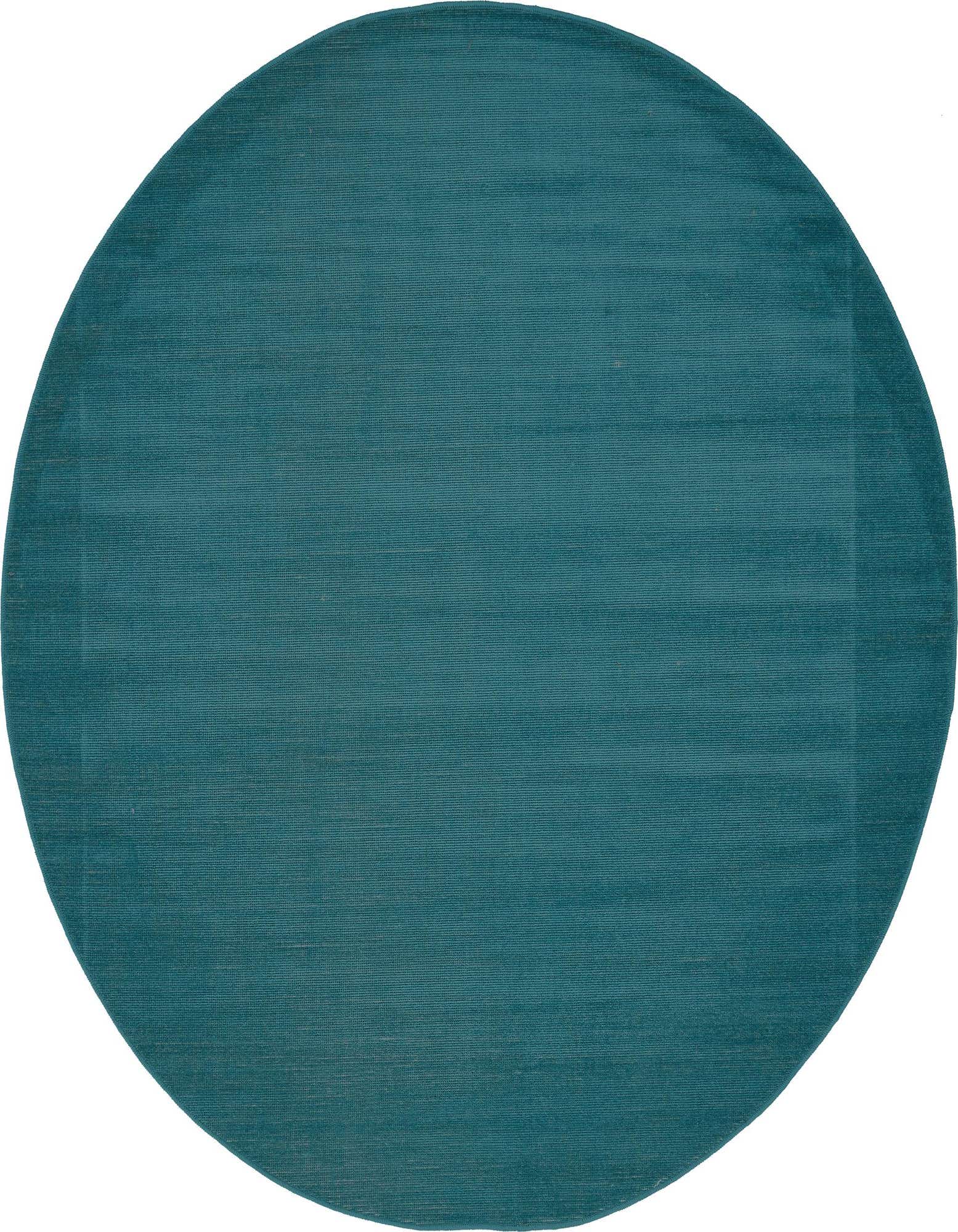 A 5' 0 round blue rug with a flat, textured weave, perfect for adding a pop of color to any indoor space.