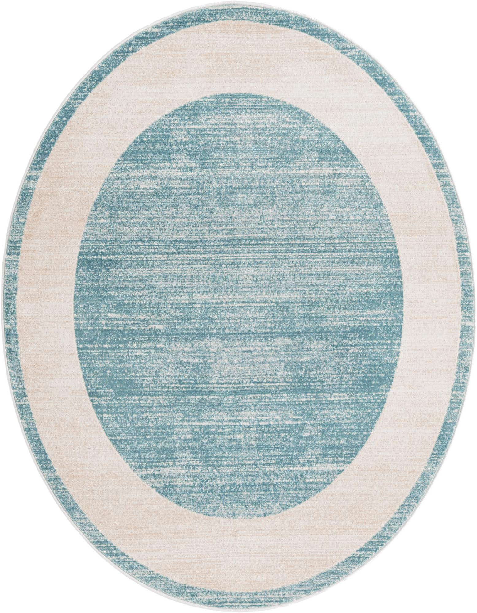 A 5' 3 round blue and beige transitional rug with a textured pile, featuring a large central blue circle framed by a thick beige border.