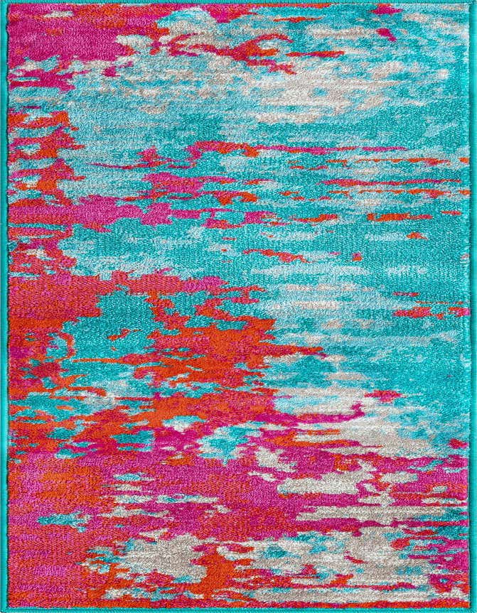 A 6 ft runner rug with a modern abstract pattern in vibrant blue, hot pink, orange, and gray, suitable for a hallway or kitchen.