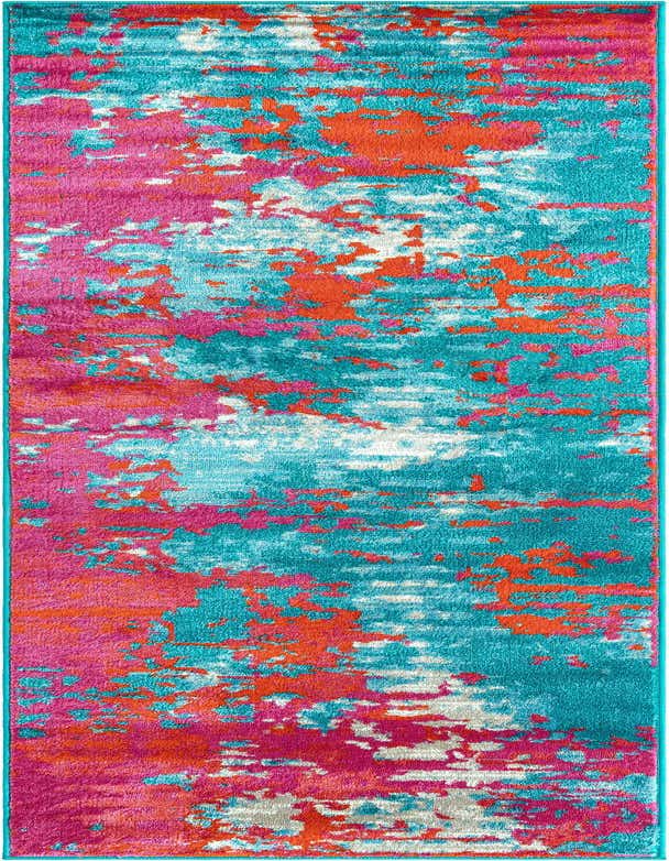 A vibrant 10 ft runner rug with an abstract modern pattern in teal, fuchsia, orange, and white, perfect for a hallway.
