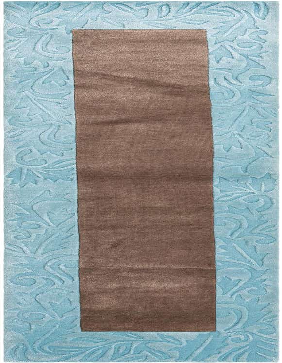 A 10 ft runner rug with a brown center and light blue border featuring an embossed modern oriental pattern.