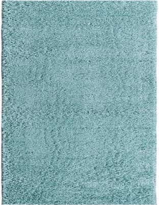 A long, rectangular 16 ft runner rug in a solid light blue color with a plush shag pile, perfect for a hallway.