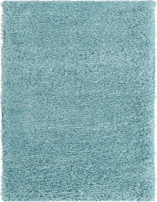 A long, rectangular 10 ft runner rug in a solid light blue shag texture, ideal for a hallway.