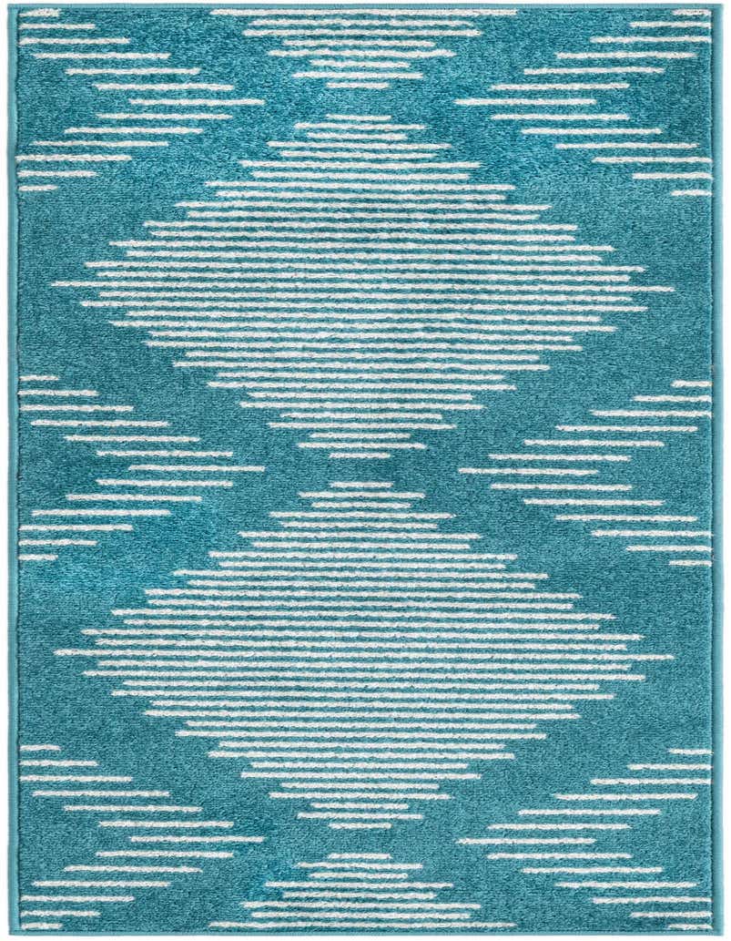 A 5 ft runner rug from the Rugs.com Kai Collection, featuring a vibrant blue background with a modern white striped diamond pattern, ideal for a hallway.