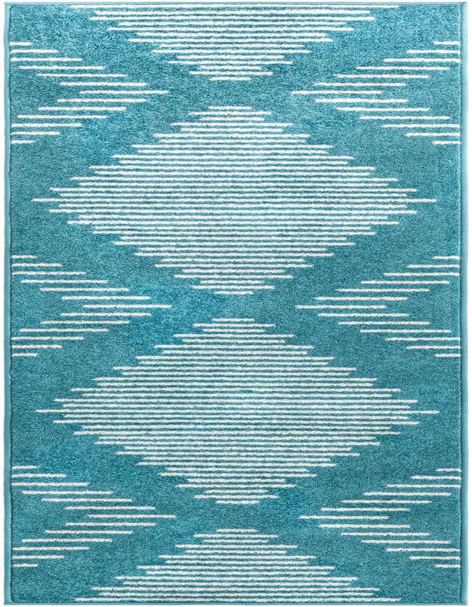 A 6 ft runner rug in a vibrant blue color with a modern coastal pattern of white horizontal stripes forming diamond shapes.
