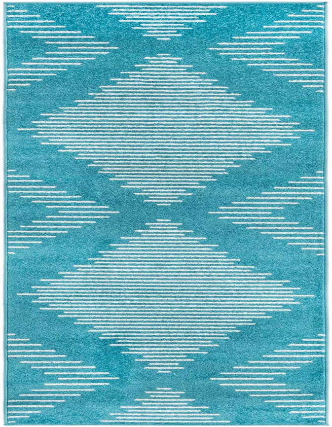 A long 8 ft runner rug in a vibrant blue, featuring a modern pattern of white horizontal stripes forming diamond and zigzag shapes.