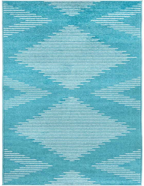 A 10 ft runner rug in a vibrant blue with a modern white striped diamond pattern, perfect for a hallway.