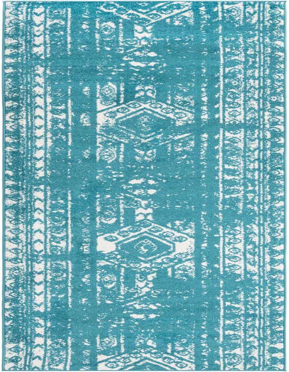 A 12 ft blue and white runner rug featuring a distressed Southwestern tribal pattern, ideal for a hallway.