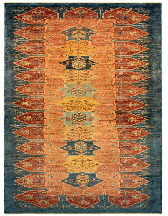A handmade 11 ft Luribaft runner rug with a central orange field and a blue border, featuring intricate Persian patterns in blue, red, and yellow, ideal for a hallway.