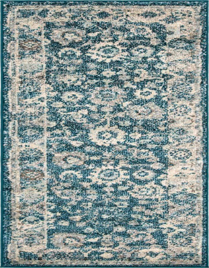 A 6 ft runner rug with a distressed traditional medallion pattern in shades of blue, cream, and gray.