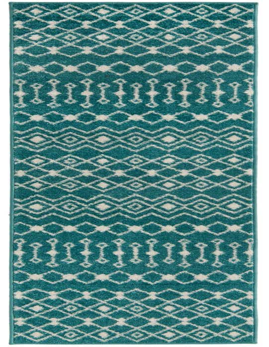 A long 8 ft runner rug featuring a teal blue background with a white bohemian trellis pattern, ideal for a hallway or kitchen.