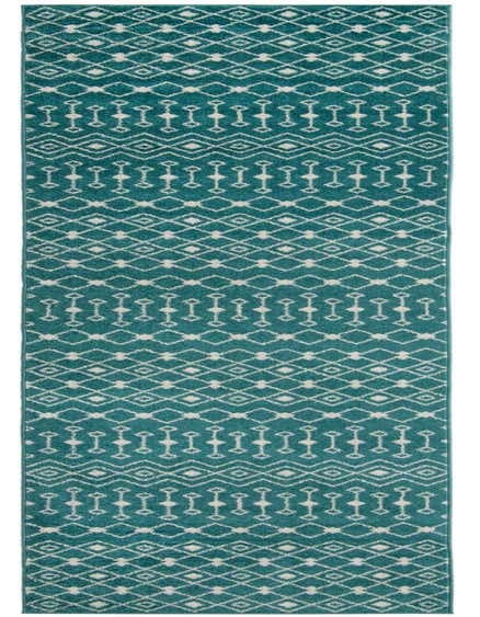 A long 16 ft runner rug in shades of blue with a white bohemian trellis pattern, perfect for a hallway.