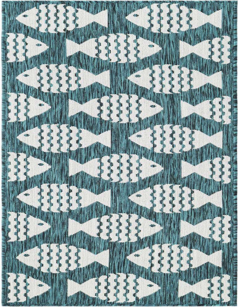 A 5 Ft Runner rug from the Outdoor Coastal collection featuring a repeating pattern of white fish on a textured blue background, ideal for a hallway or patio.