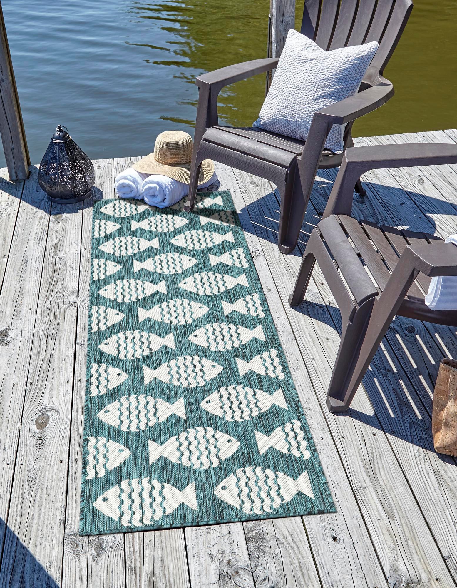 Turquoise 2' x 5' 3 Coastal Indoor / Outdoor Runner Rug | Rugs.com
